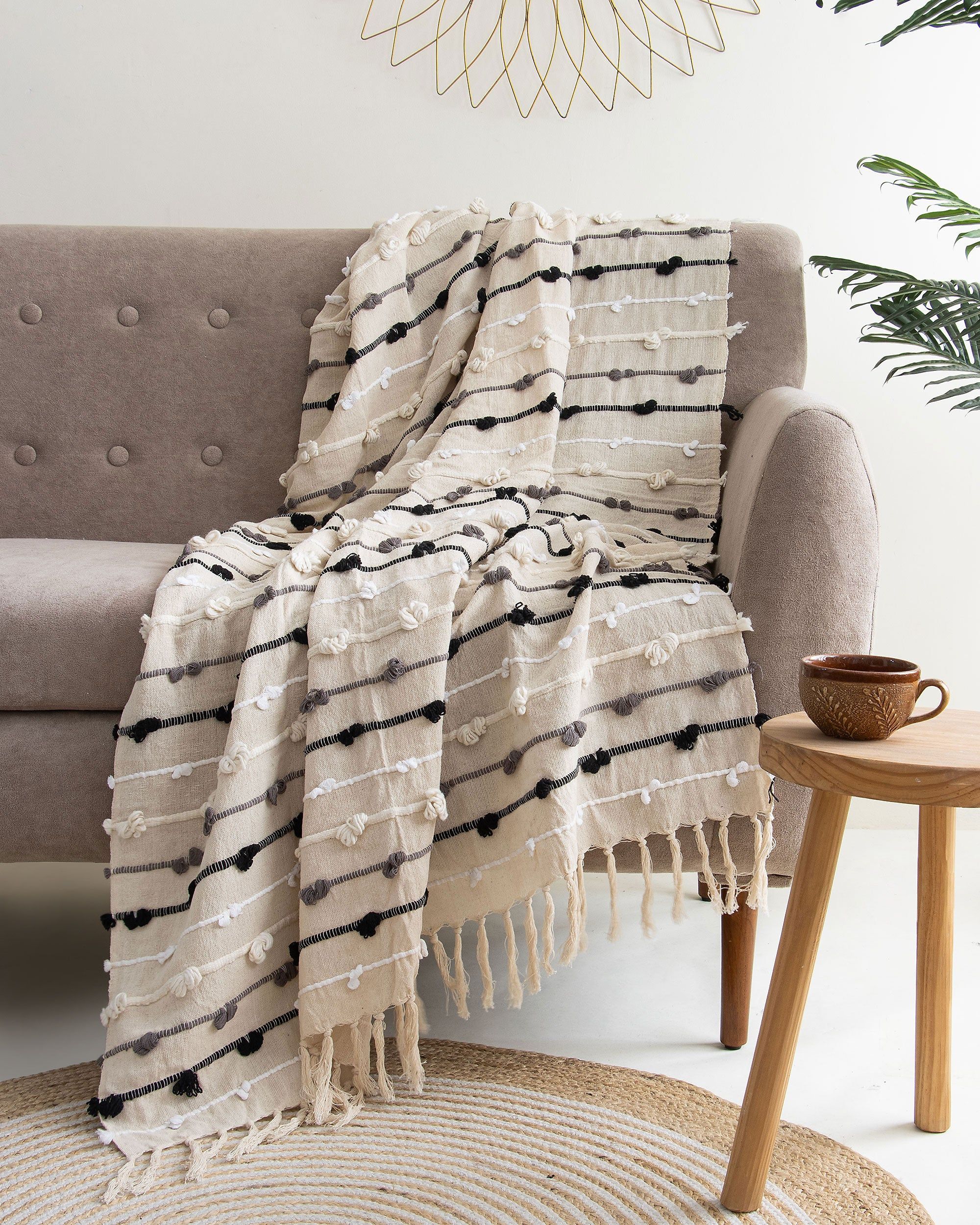 Cream Soft Cotton Throw Woven Handloom For Living Room